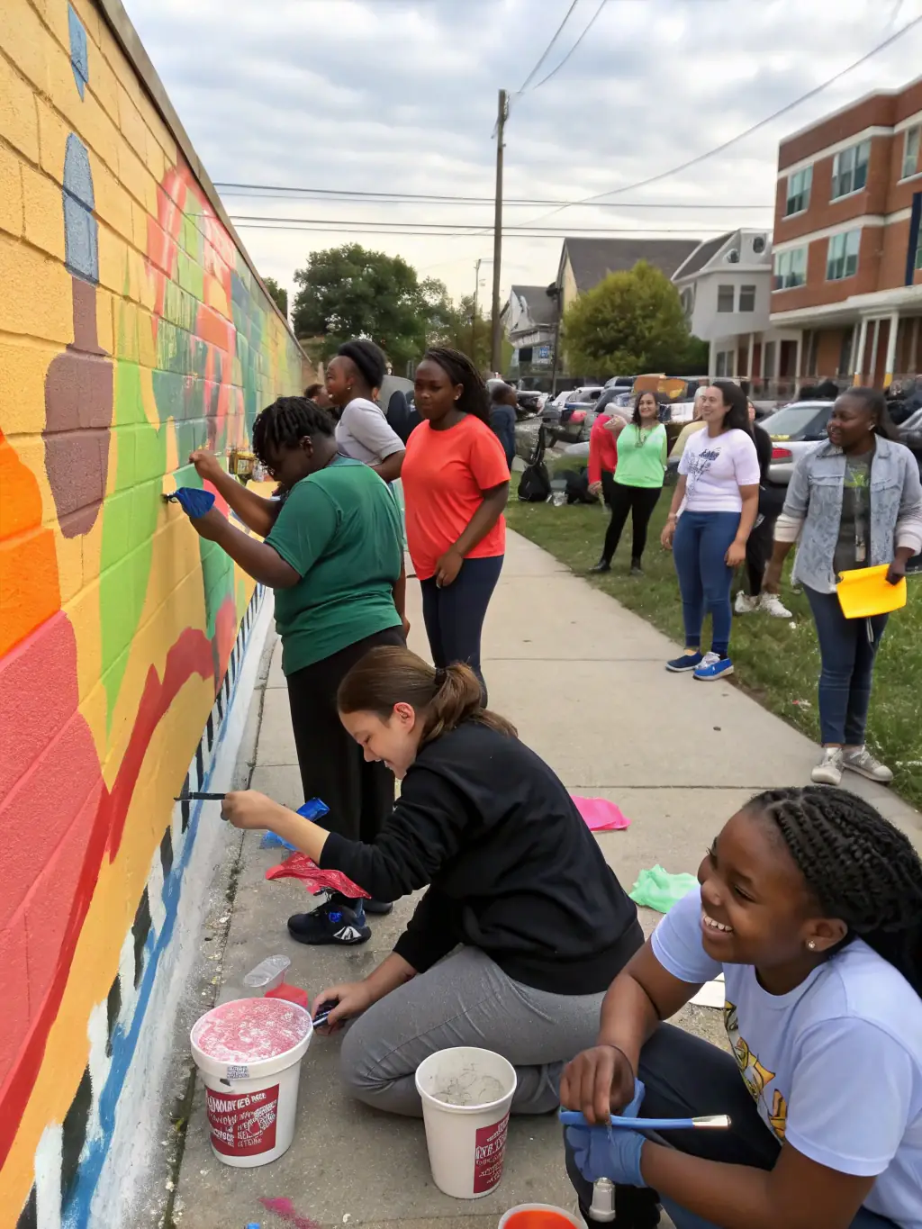 A vibrant photograph capturing participants engaged in a community art workshop, painting a mural together, showcasing collaboration and creative expression.