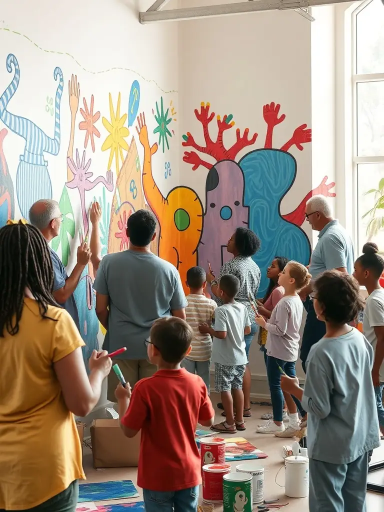 A vibrant photograph capturing participants of all ages engaged in a community mural painting project, showcasing collaboration and artistic expression.