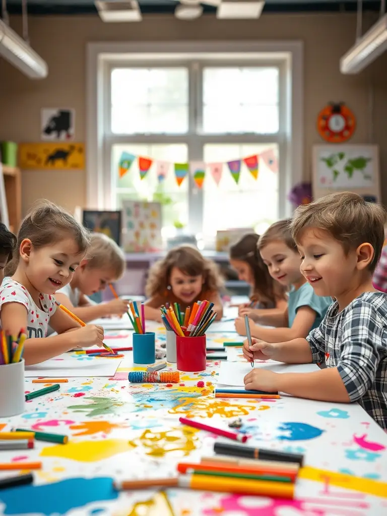 A photo of children participating in an art workshop, learning new skills and expressing their creativity under the guidance of experienced artists.
