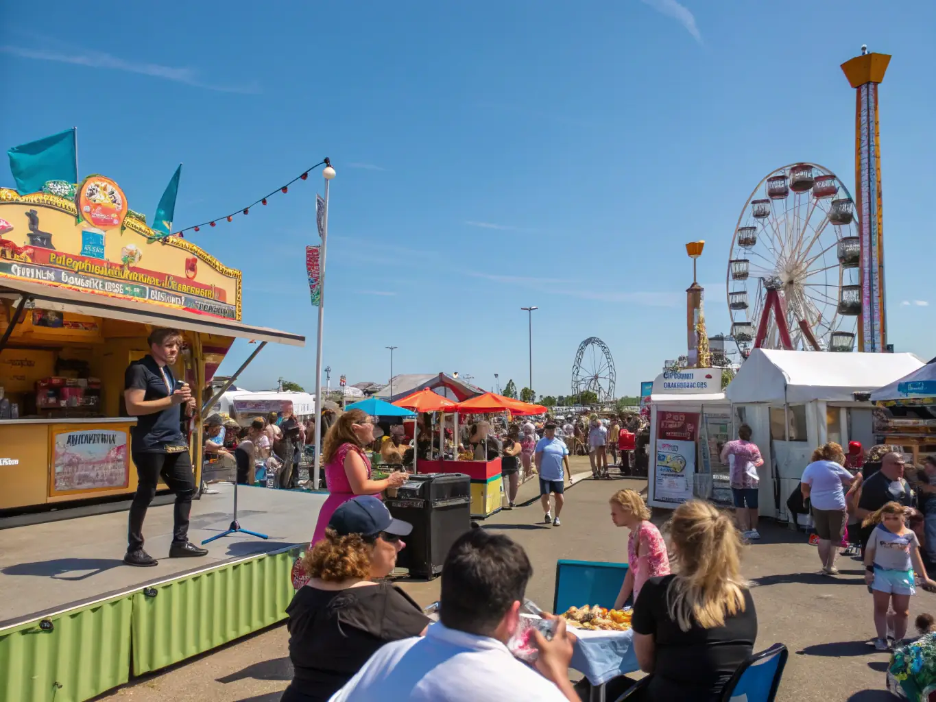 A dynamic image of a cultural festival organized by ASSOCIATION CAF CONC A MUSES, featuring live music, dance performances, and diverse food stalls. The atmosphere is lively and celebratory, with people of all backgrounds enjoying the festivities.