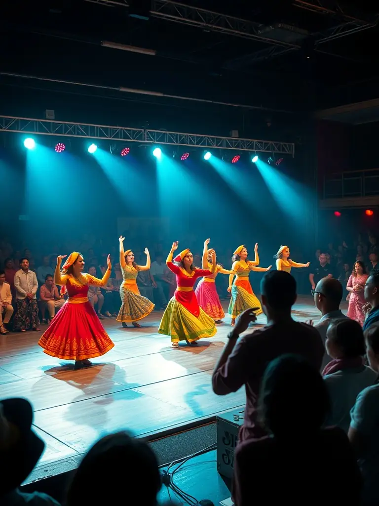 A dynamic image of a cultural festival organized by ASSOCIATION CAF CONC A MUSES, featuring music, dance, and diverse cultural performances.