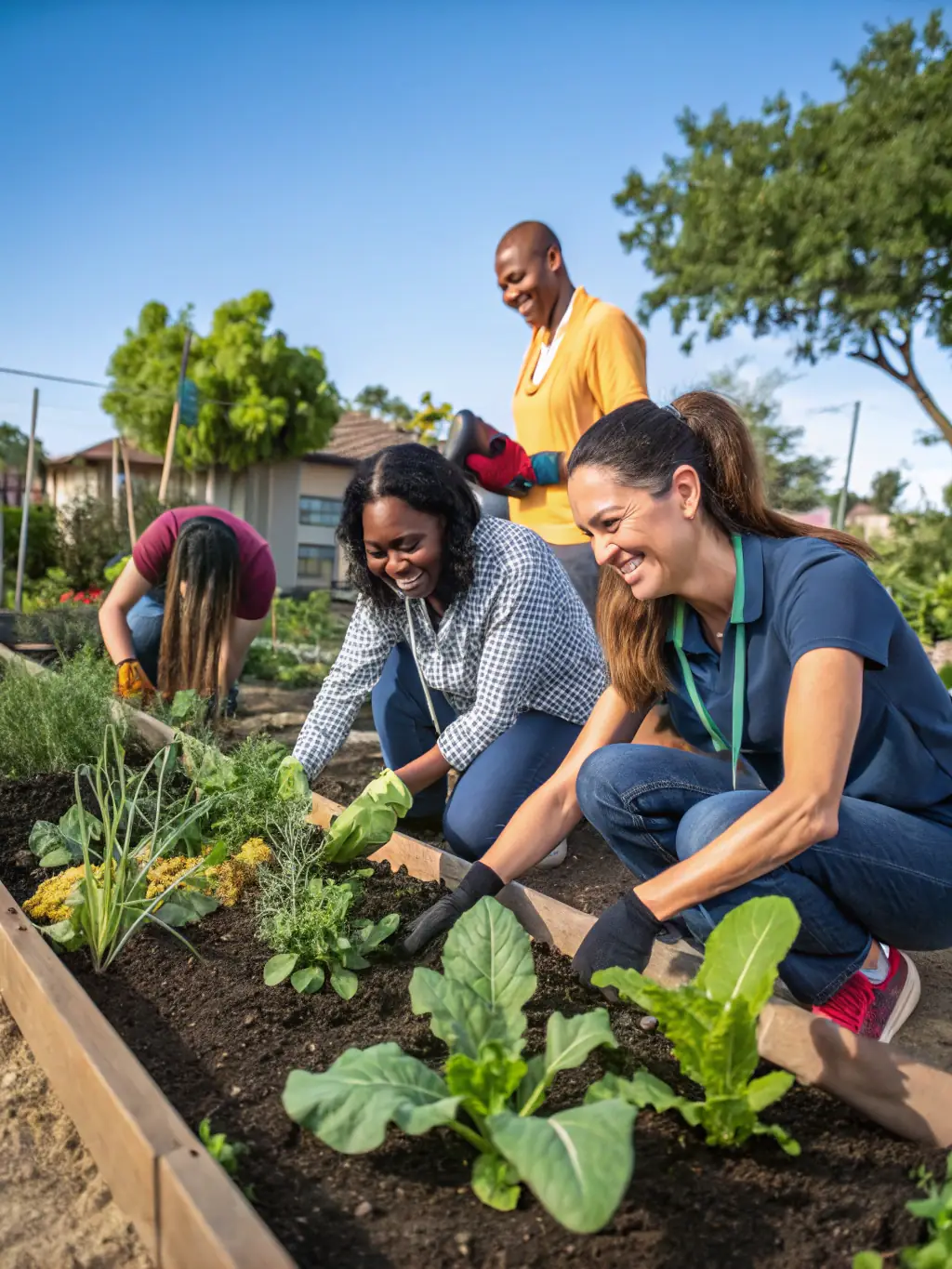 A photo of volunteers working on a community garden project, planting flowers and vegetables, highlighting the organization's commitment to environmental sustainability and community engagement.