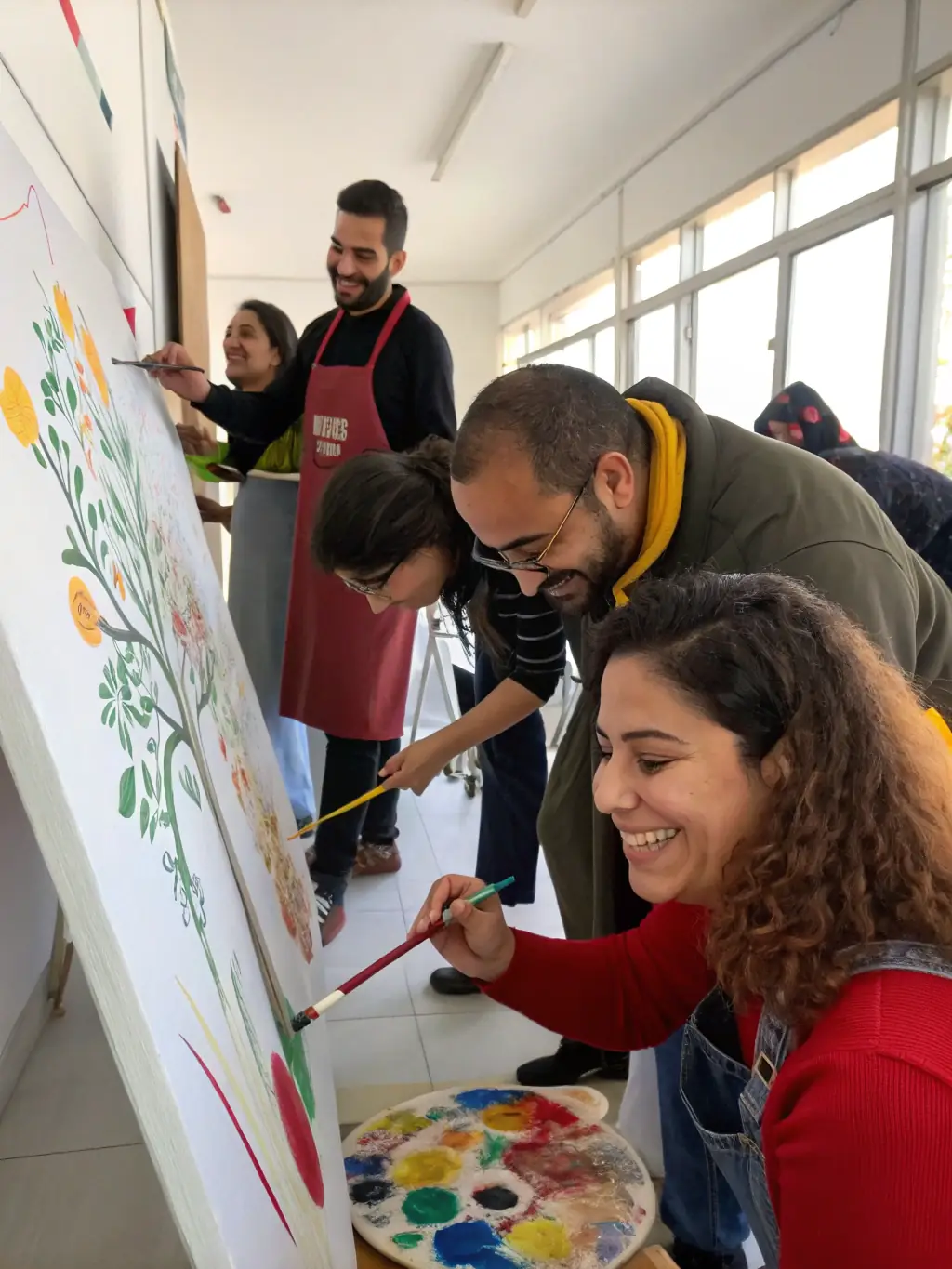 A vibrant photograph capturing participants engaged in a community art workshop, painting a mural together, showcasing collaboration and creative expression.