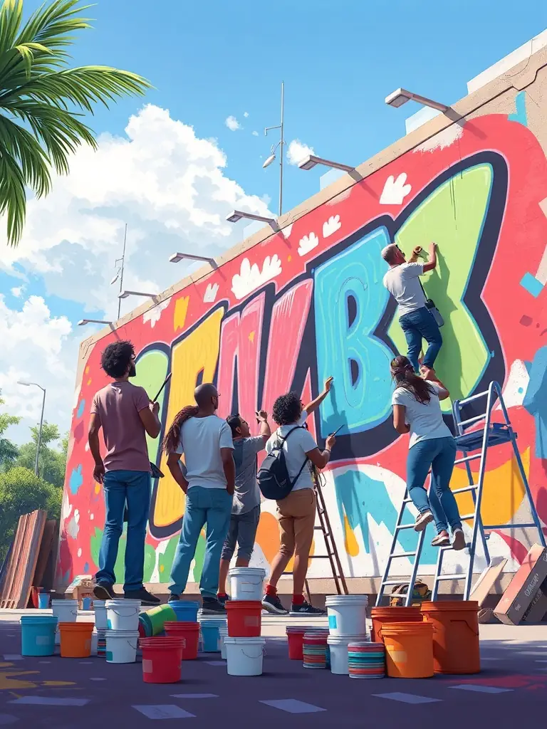A photograph of artists working on a collaborative art installation in a public space, demonstrating the integration of art into the community environment.