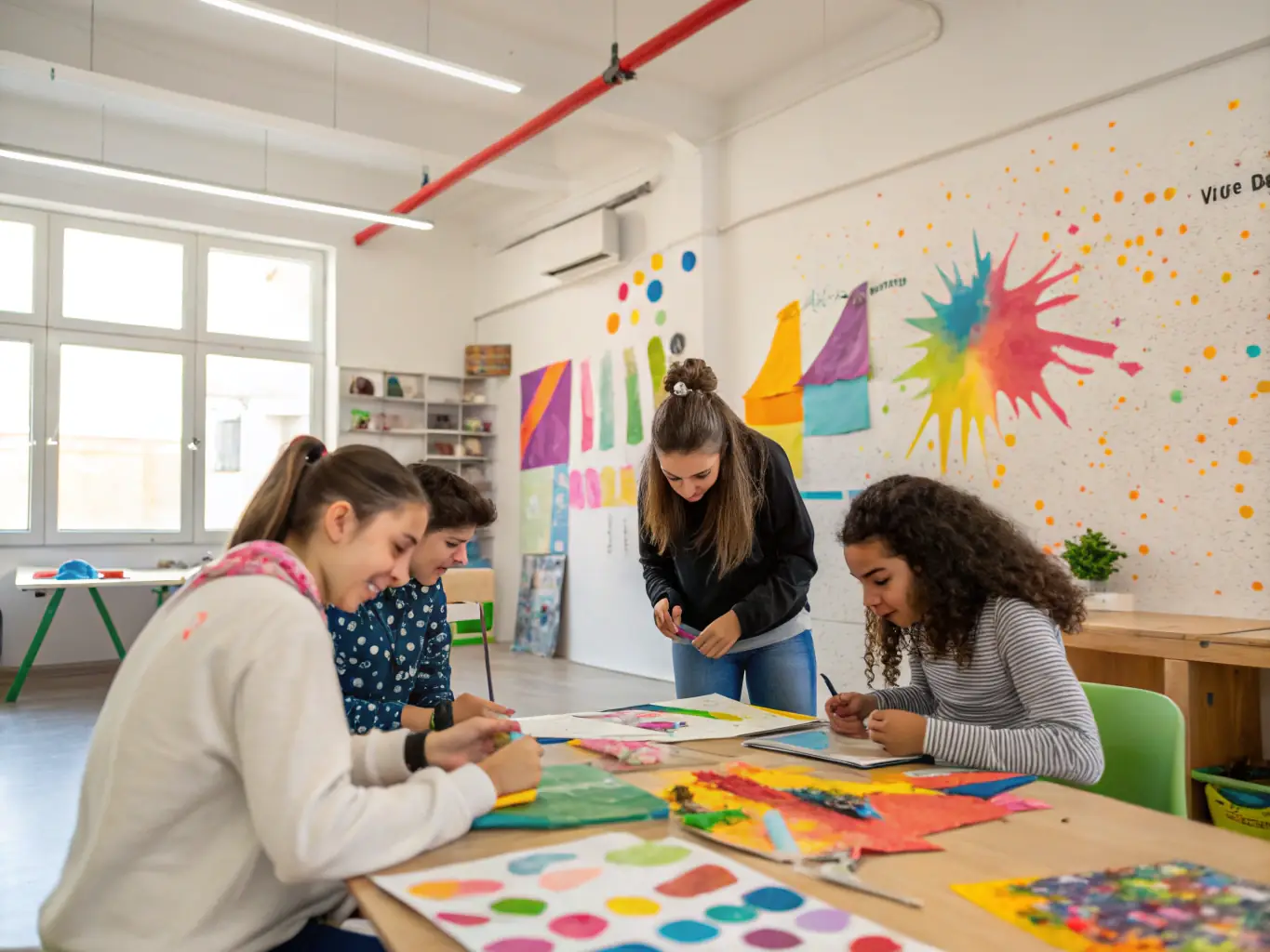 A vibrant photograph capturing a community art workshop in progress, with participants of all ages engaged in painting and creative expression. The setting is a bright, open space filled with art supplies and colorful artwork.